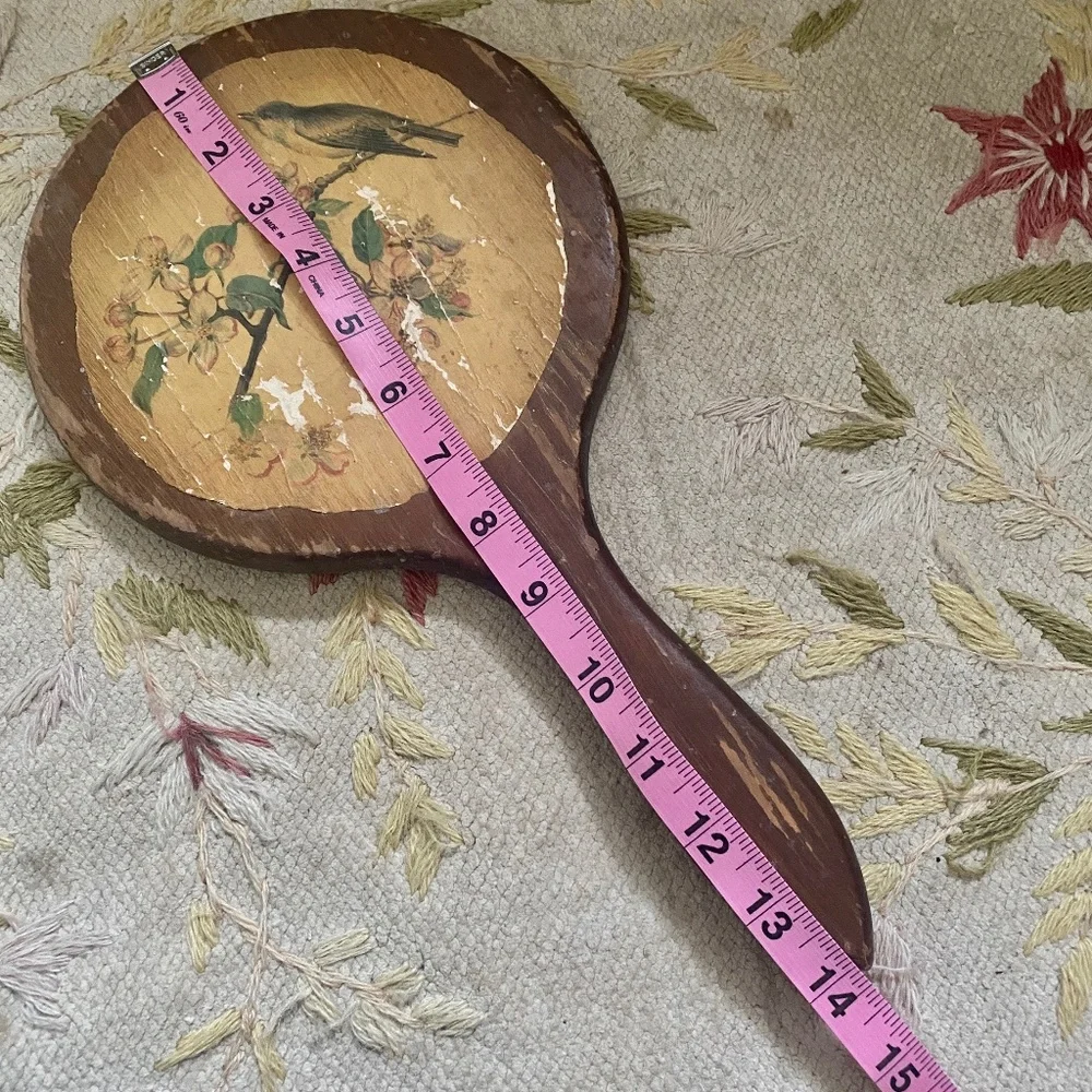 VTG I Long Handle Round Wood Hand Mirror Bird Dogwood Flowers
